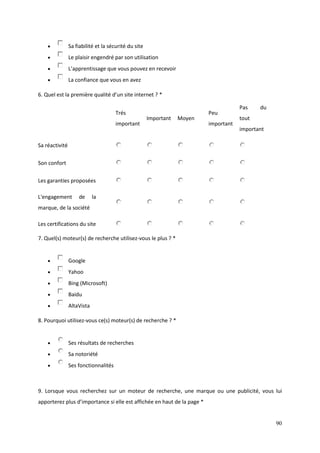            Sa fiabilité et la sécurité du site
               Le plaisir engendré par son utilisation
               L’apprentissage que vous pouvez en recevoir
               La confiance que vous en avez

6. Quel est la première qualité d’un site internet ? *

                                                                                      Pas    du
                                      Trés                                Peu
                                                      Important   Moyen               tout
                                      important                           important
                                                                                      important

Sa réactivité

Son confort

Les garanties proposées

L'engagement        de      la
marque, de la société

Les certifications du site

7. Quel(s) moteur(s) de recherche utilisez-vous le plus ? *


               Google
               Yahoo
               Bing (Microsoft)
               Baidu
               AltaVista

8. Pourquoi utilisez-vous ce(s) moteur(s) de recherche ? *


               Ses résultats de recherches
               Sa notoriété
               Ses fonctionnalités



9. Lorsque vous recherchez sur un moteur de recherche, une marque ou une publicité, vous lui
apporterez plus d’importance si elle est affichée en haut de la page *


                                                                                                  90
 