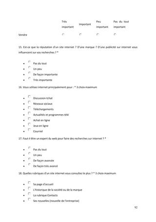 Très                          Peu          Pas du tout
                                                    Important
                                     important                     important    important

Vendre



15. Est-ce que la réputation d’un site internet ? D’une marque ? D’une publicité sur internet vous
influencent sur vos recherches ? *


           Pas du tout
           Un peu
           De façon importante
           Très importante

16. Vous utilisez internet principalement pour : * 3 choix maximum


           Discussion-tchat
           Réseaux sociaux
           Téléchargements
           Actualités et programmes télé
           Achat en ligne
           Jeux en ligne
           Courriel

17. Faut-il être un expert du web pour faire des recherches sur internet ? *


           Pas du tout
           Un peu
           De façon avancée
           De façon très avancé

18. Quelles rubriques d’un site internet vous consultez le plus ? * 3 choix maximum


           Sa page d'accueil
           L'historique de la société ou de la marque
           La rubrique Contacts
           Ses nouvelles (nouvelle de l'entreprise)

                                                                                               92
 