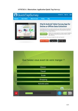 115
ANNEXE 6 : Illustrations Application Quick Tap Surveyy
 