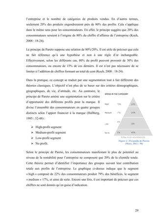 29
l’entreprise et le nombre de catégories de produits vendus. En d’autres termes,
seulement 20% des produits engendreraient près de 80% des profits. Cela s’applique
dans le même sens pour les consommateurs. En effet, le principe suggère que 20% des
consommateurs seraient à l’origine de 80% du chiffre d’affaires de l’entreprise (Koch,
2008 : 18-24).
Le principe de Pareto suppose une relation de 80%/20%. Il est utile de préciser que cela
ne fait référence qu’à une hypothèse et non à une règle d’or inchangeable.
Effectivement, selon les différents cas, 80% du profit peuvent provenir de 30% des
consommateurs, ou encore de 15% de ces derniers. Il est n’est pas nécessaire de se
limiter à l’addition de chiffres formant un total de cent (Koch, 2008 : 18-24).
Dans la pratique, ce concept se traduit par une segmentation tout à fait différente des
théories classiques. L’objectif n’est plus de se baser sur des critères démographiques,
géographiques, de vie, d’attitude, etc. Au contraire, le
principe de Pareto amène une segmentation sur le critère
d’opportunité des différents profils pour la marque. Il
divise l’ensemble des consommateurs en quatre groupes
distincts selon l’apport financier à la marque (Hallberg,
1995 : 32-48) :
 High-profit segment
 Medium-profit segment
 Low-profit segment
 No profit.
Selon le principe de Pareto, les consommateurs manifestant le plus de potentiel au
niveau de la rentabilité pour l’entreprise ne composent que 20% de la clientèle totale.
Cette théorie permet d’identifier l’importance des groupes suivant leur contribution
totale aux profits de l’entreprise. Le graphique ci-dessus indique que le segment
« high » composé de 22% des consommateurs produit 79% des bénéfices, le segment
« medium » 17%, et ainsi de suite. Encore une fois, il est important de préciser que ces
chiffres ne sont donnés qu’en guise d’indication.
Figure 2 : Pyramide de Pareto
(Maex, 2012 : 30)
 