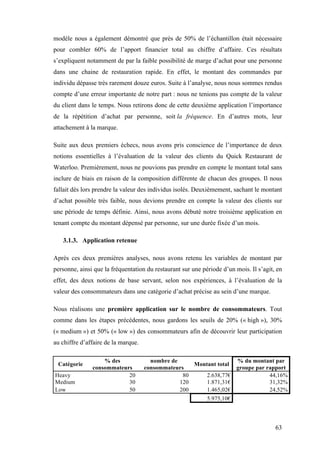 63
modèle nous a également démontré que près de 50% de l’échantillon était nécessaire
pour combler 60% de l’apport financier total au chiffre d’affaire. Ces résultats
s’expliquent notamment de par la faible possibilité de marge d’achat pour une personne
dans une chaine de restauration rapide. En effet, le montant des commandes par
individu dépasse très rarement douze euros. Suite à l’analyse, nous nous sommes rendus
compte d’une erreur importante de notre part : nous ne tenions pas compte de la valeur
du client dans le temps. Nous retirons donc de cette deuxième application l’importance
de la répétition d’achat par personne, soit la fréquence. En d’autres mots, leur
attachement à la marque.
Suite aux deux premiers échecs, nous avons pris conscience de l’importance de deux
notions essentielles à l’évaluation de la valeur des clients du Quick Restaurant de
Waterloo. Premièrement, nous ne pouvions pas prendre en compte le montant total sans
inclure de biais en raison de la composition différente de chacun des groupes. Il nous
fallait dès lors prendre la valeur des individus isolés. Deuxièmement, sachant le montant
d’achat possible très faible, nous devions prendre en compte la valeur des clients sur
une période de temps définie. Ainsi, nous avons débuté notre troisième application en
tenant compte du montant dépensé par personne, sur une durée fixée d’un mois.
3.1.3. Application retenue
Après ces deux premières analyses, nous avons retenu les variables de montant par
personne, ainsi que la fréquentation du restaurant sur une période d’un mois. Il s’agit, en
effet, des deux notions de base servant, selon nos expériences, à l’évaluation de la
valeur des consommateurs dans une catégorie d’achat précise au sein d’une marque.
Nous réalisons une première application sur le nombre de consommateurs. Tout
comme dans les étapes précédentes, nous gardons les seuils de 20% (« high »), 30%
(« medium ») et 50% (« low ») des consommateurs afin de découvrir leur participation
au chiffre d’affaire de la marque.
Catégorie
% des
consommateurs
nombre de
consommateurs
Montant total
% du montant par
groupe par rapport
Heavy 20 80 2.638,77€ 44,16%
Medium 30 120 1.871,31€ 31,32%
Low 50 200 1.465,02€ 24,52%
5.975,10€
 