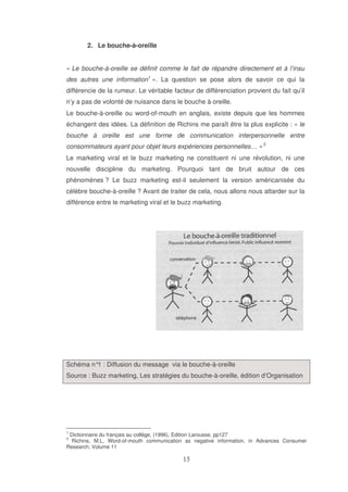 2. Le bouche-à-oreille
« Le bouche-à-oreille se définit comme le fait de répandre directement et à l’insu
des autres une information1 ». La question se pose alors de savoir ce qui la
différencie de la rumeur. Le véritable facteur de différenciation provient du fait qu’il
n’y a pas de volonté de nuisance dans le bouche à oreille.
Le bouche-à-oreille ou word-of-mouth en anglais, existe depuis que les hommes
échangent des idées. La définition de Richins me paraît être la plus explicite : « le
bouche à oreille est une forme de communication interpersonnelle entre
consommateurs ayant pour objet leurs expériences personnelles… » 2
Le marketing viral et le buzz marketing ne constituent ni une révolution, ni une
nouvelle discipline du marketing. Pourquoi tant de bruit autour de ces
phénomènes ? Le buzz marketing est-il seulement la version américanisée du
célèbre bouche-à-oreille ? Avant de traiter de cela, nous allons nous attarder sur la
différence entre le marketing viral et le buzz marketing.

Schéma n° : Diffusion du message via le bouche-à-oreille
1
Source : Buzz marketing, Les stratégies du bouche-à-oreille, édition d’Organisation

1

Dictionnaire du français au collège, (1996), Edition Larousse, pp127
Richins, M.L, Word-of-mouth communication as negative information, in Advances Consumer
Research, Volume 11

2

 