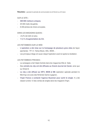 Résultats : (pendant la période de communication du 22 février au 23 mars)
SUR LE SITE :
300 000 visiteurs uniques.
25 000 mails récupérés.
8 200 photos de chiens envoyées.
DANS LES MAGASINS QUICKS :
+5,2% de trafic en plus.
11,5 % d’augmentation du CA.
LES RETOMBEES SUR LE WEB
L’opération a été mise sur la homepage de plusieurs gros sites de façon
spontanée : TF1.fr, Yahoo Music, AOL, MCM…
Les principaux blogs ont aussi relayé l’opération avant et après la révélation.
LES RETOMBEES PRESSES :
La campagne a fait l’objet d’article dans les magazines Elle et Gala.
Des extraits du clip ont été diffusés au Grand Journal de Canal+ ainsi que
sur Direct 8.
Le clip a été diffusé sur MTV, MCM et M6 (opération spéciale pendant le
Morning Live avec des Nintendo Game à gagner).
Virgin France a contacté l’agence Buzzman pour sortir le single. Il a été
classé numéro 12 des ventes de singles dans les magasins Virgin.

 