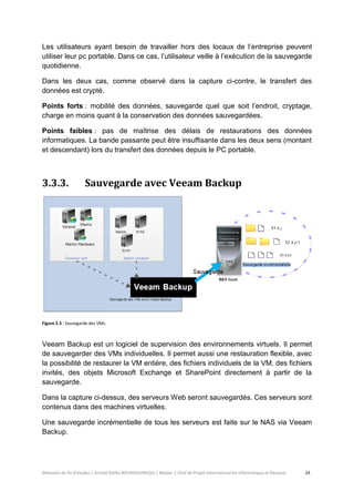 Mémoire de fin d’études | Arnold Stéllio BOUNGOUNGOU | Master 2 Chef de Projet International en Informatique et Réseaux 24 
Les utilisateurs ayant besoin de travailler hors des locaux de l’entreprise peuvent utiliser leur pc portable. Dans ce cas, l’utilisateur veille à l’exécution de la sauvegarde quotidienne. 
Dans les deux cas, comme observé dans la capture ci-contre, le transfert des données est crypté. 
Points forts : mobilité des données, sauvegarde quel que soit l’endroit, cryptage, charge en moins quant à la conservation des données sauvegardées. 
Points faibles : pas de maîtrise des délais de restaurations des données informatiques. La bande passante peut être insuffisante dans les deux sens (montant et descendant) lors du transfert des données depuis le PC portable. 
3.3.3. Sauvegarde avec Veeam Backup 
Figure 2.3 : Sauvegarde des VMs. 
Veeam Backup est un logiciel de supervision des environnements virtuels. Il permet de sauvegarder des VMs individuelles. Il permet aussi une restauration flexible, avec la possibilité de restaurer la VM entière, des fichiers individuels de la VM, des fichiers invités, des objets Microsoft Exchange et SharePoint directement à partir de la sauvegarde. 
Dans la capture ci-dessus, des serveurs Web seront sauvegardés. Ces serveurs sont contenus dans des machines virtuelles. 
Une sauvegarde incrémentielle de tous les serveurs est faite sur le NAS via Veeam Backup.  