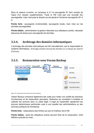 Mémoire de fin d’études | Arnold Stéllio BOUNGOUNGOU | Master 2 Chef de Projet International en Informatique et Réseaux 25 
Dans la capture ci-contre, on remarque à j+1 la sauvegarde S1 tient compte de l’ajout d’un dossier supplémentaire. Toute la VM n’est pas une nouvelle fois sauvegardée, mais c’est juste le dossier qui est ajouté à l’ancienne sauvegarde (S1 à j). 
Points forts : sauvegarde incrémentielle, sauvegarde locale, main mise sur les données sauvegardées. 
Points faibles : administration et gestion réservées aux utilisateurs avertis, nécessite beaucoup de temps pour sauvegarder les données. 
3.3.4. Archivage des données informatiques 
L'archivage des données informatiques est fait manuellement, par le responsable du système informatique : Archivage complet mensuel des données sur un disque dur externe d’archives. 
3.3.5. Restauration sous Veeam Backup 
Figure 10 : Restauration des données avec Veeam Backup. 
Veeam Backup comprend également des outils pour traiter une variété de scénarios d’e-discovery et de restauration granulaire. Scénarios qui consistent à localiser et collecter les archives dans un cadre légal. Il s'agit de rassembler rapidement les preuves électroniques pertinentes suite à une requête des administrations ou des services juridiques de l'entreprise. 
Points forts : restaurations des fichiers qui sont à l’intérieur de la VM. 
Points faibles : seuls les utilisateurs avertis peuvent faire de la restauration. Outil difficile à prendre en main.  