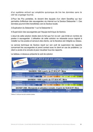 Mémoire de fin d’études | Arnold Stéllio BOUNGOUNGOU | Master 2 Chef de Projet International en Informatique et Réseaux 30 
d'un système antivol qui empêche quiconque de lire les données sans la clef de cryptage fournie. 
2-Pour les Pcs portables, ils doivent être équipés d’un client SaveKey qui leur permettra d’effectuer des sauvegardes via internet sur la Savbox Datacenter 1. Ces données pourront être transférées vers la Savbox locale. 
3-Duplication du Datacenter 1 sur le Datacenter 2. 
4-Supervision des sauvegardes par l’équipe technique de Savbox. 
L’atout de cette solution réside dans le fait que l'on ne soit pas limité en nombre de postes à sauvegarder. L’utilisation de cette solution ne nécessite aucun logiciel à installer sur les postes et serveurs des clients, car la Savebox est intégrée au réseau. 
Le service technique de Savbox reçoit sur son outil de supervision les rapports concernant les sauvegardes et prend contact avec le client en cas de problème. Le client a accès à la console et peut visualiser tous les rapports. 
Le tableau ci-dessous présente le coût de solution 
Tableau 3: Coût par mois de la solution Savbox. 
 