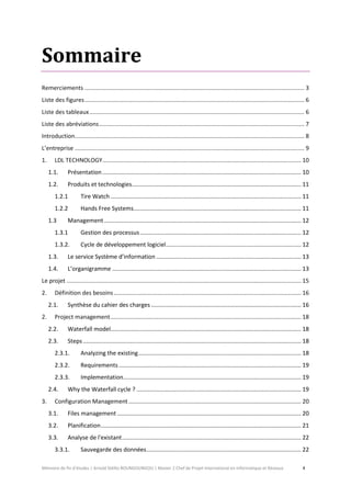 Mémoire de fin d’études | Arnold Stéllio BOUNGOUNGOU | Master 2 Chef de Projet International en Informatique et Réseaux 4 
Sommaire 
Remerciements ....................................................................................................................................... 3 
Liste des figures ....................................................................................................................................... 6 
Liste des tableaux .................................................................................................................................... 6 
Liste des abréviations .............................................................................................................................. 7 
Introduction ............................................................................................................................................. 8 
L’entreprise ............................................................................................................................................. 9 
1. LDL TECHNOLOGY .......................................................................................................................... 10 
1.1. Présentation .......................................................................................................................... 10 
1.2. Produits et technologies ........................................................................................................ 11 
1.2.1 Tire Watch ..................................................................................................................... 11 
1.2.2 Hands Free Systems ....................................................................................................... 11 
1.3 Management ......................................................................................................................... 12 
1.3.1 Gestion des processus ................................................................................................... 12 
1.3.2. Cycle de développement logiciel ................................................................................... 12 
1.3. Le service Système d’information ......................................................................................... 13 
1.4. L’organigramme .................................................................................................................... 13 
Le projet ................................................................................................................................................ 15 
2. Définition des besoins ................................................................................................................... 16 
2.1. Synthèse du cahier des charges ............................................................................................ 16 
2. Project management ..................................................................................................................... 18 
2.2. Waterfall model ..................................................................................................................... 18 
2.3. Steps ...................................................................................................................................... 18 
2.3.1. Analyzing the existing .................................................................................................... 18 
2.3.2. Requirements ................................................................................................................ 19 
2.3.3. Implementation ............................................................................................................. 19 
2.4. Why the Waterfall cycle ? ..................................................................................................... 19 
3. Configuration Management .......................................................................................................... 20 
3.1. Files management ................................................................................................................. 20 
3.2. Planification ........................................................................................................................... 21 
3.3. Analyse de l'existant .............................................................................................................. 22 
3.3.1. Sauvegarde des données ............................................................................................... 22  