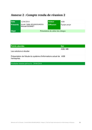 Mémoire de fin d’études | Arnold Stéllio BOUNGOUNGOU | Master 2 Chef de Projet International en Informatique et Réseaux 52 
Annexe 2 : Compte rendu de réunion 2 Date 
12/04/2014 Auteur 
ASB Présents 
Arnold Stéllio BOUNGOUNGOU 
Mickaël BONNET 
Diffusion 
Équipe projet Objet Présentation du cahier des charges 
Points abordés Qui 
Les solutions à étudier 
ASB, MB 
Présentation de l'étude du système d'informations actuel de l'entreprise. 
ASB Prochaine réunion prévue le : 29/04/2014 
 