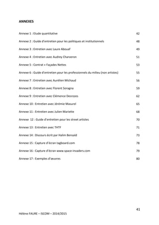 41
Hélène FAURE – ISCOM – 2014/2015
ANNEXES
Annexe 1 : Etude quantitative
Annexe 2 : Guide d’entretien pour les politiques et institutionnels
Annexe 3 : Entretien avec Laure Abouaf
Annexe 4 : Entretien avec Audrey Charveron
Annexe 5 : Contrat « Façades Nettes
Annexe 6 : Guide d’entretien pour les professionnels du milieu (non artistes)
Annexe 7 : Entretien avec Aurélien Michaud
Annexe 8 : Entretien avec Florent Soragna
Annexe 9 : Entretien avec Clémence Desrozes
Annexe 10 : Entretien avec Jérémie Masurel
Annexe 11 : Entretien avec Julien Mariette
Annexe 12 : Guide d’entretien pour les street artistes
Annexe 13 : Entretien avec THTF
Annexe 14 : Discours écrit par Halim Bensaïd
Annexe 15 : Capture d’écran tagboard.com
Annexe 16 : Capture d’écran www.space-invaders.com
Annexe 17 : Exemples d’œuvres
42
48
49
51
53
55
56
59
62
65
68
70
71
73
78
79
80
 