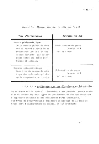 I I I . 4 . 6 . 1 . - .M.e..s.u.r.e.s. .d.i.r..e.c.t.e.s.. .i .n. .s..i .t .u. .s.u..r. .l e sol 
Mesure pénétrométrique 
Cette mesure permet de don-ner 
la valeur directe de la 
résistance limite d'un sol 
(force portante) par diffé-rence 
entre les zones per-turbée 
et intacte. 
-- - 
Mesures scissométriques 
Même type de mesure de méca-nique 
des sols mais qui don-ne 
la composante de torsion 
Pénétromètre de poche 
(annexe 6 ) 
Valise trace 
Scissomètre de poche 
(annexe 6 ) 
Valise trace 
On effectue sur la zone où l'évènement s'est produit (effets visi-bles 
et constatés) deux types de prélèvement de sol qui serviront 
à apprécier certains effets mécaniques et/ou thermiques. 
Ces types de prélèvements à caractère destructif de la zone de 
trace sont à entreprendre en général en fin d'enquête. 
 