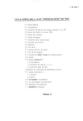 - 1 pénétromètre 
- 1 scissomètre 
- 3 ailettes de mesure de couple (taille 1, 2, 3) 
- I paire de règles en acier INOX ' 
- 1 paire de ciseaux 
- 1 loupe (Lumagny) 
- 7 carottes avec accessoires 
- 1 rouleau de ficelle 
- 1 marteau 
- 1 clé de 8 
- 1 rouleau de fil de nylon 
- 1 lot de 20 piquets 
- 1 rouleau de ruban orange de signalisation 
- 1 ciseau 
- 1 sachet contenanr : 
. 1 scissomètre 
. 3 ailettes de taille i, 2, 3 
. 2 clés à 6 pans de 2nm 
- sachets en plastique de différente taille 
- 1 sachet contenant : 
. 1 truelle 
. 1 pelle 
- 2 rallongesà scissomètre 
- 1 lot de piquets cylindriques 
- 1 pochette d'étiquettes 
- 1 décamètre (Stanley) 
 