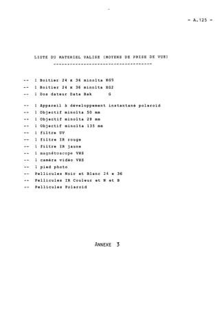 1 Boitier 24 x 36 minolta XG9 
1 Boitier 24 x 36 minolta XG2 
1 Dos dateur Data Bak G 
1 Appareil 3 développement instantané polaroïd 
1 Objectif minolta 50 mm 
1 Objectif minolta 28 mm 
1 Objectif minolta 135 mm 
1 filtre UV 
1 filtre IR rouge 
1 filtre IR jaune 
1 magn6toscope VHS 
1 caméra vidéo VHS 
1 pied photo 
Pellicules Noir et Blanc 24 x 36 
Pellicules IR Couleur et N et B 
Pellicules Polaroïd 
 