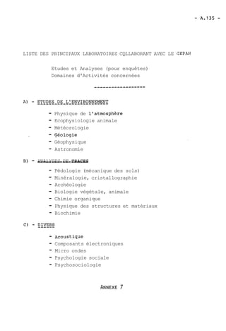 LISTE DES PRINCIPAUX LABORATOIRES CQLLABORANT AVEC LE GEPm 
Etudes et Analyses (pour enquêtes) 
Domaines d'Activités concernées 
- Physique de l'atmosphère 
- Ecophysiologie animale 
- Météorologie 
- eéologie 
- Géophysique 
- Astronomie 
B) - A-N--A-L-Y-S-E-S- -D-E- -T-.-RA-C-E-S 
- Pédologie (mécanique des sols) 
- Minéralogie, cristallographie 
- Archéologie 
- Biologie végétale, animale 
- Chimie organique 
- Physique des structures et matériaux 
- Biochimie 
- cous tique 
- Composants électroniques 
- Micro ondes 
- Psychologie sociale 
- Psychosociologie 
 