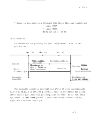 - Etude et réalisation : Etudiant DEA thèse (Docteur Ingénieur) 
+ suivi ETCA 
+ suivi CNES 
CoQt estimé : 100 KF 
L-e- -C-a-l-e-n-d-r-i-e-r- 
En résumé sur ce planning on peut représenter la suite des 
procédures. 
Déc. 83 Déc. 84 Déc. 85 - - W u u 
Caméra 
Micro- 
E6alisation Expérimentation 
O maquette - O 
I mise en forme sur 
micro processeur maquette I Interface 
informatique t " micro processeur 
Maquette 
A Expérimenta- 
complète 
Une maquette complète pourrait dès l'été 86 être expérimentée 
au Pic du Midi. Son intérêt potentiel pour la détection des satel-lites 
pourra justifier une participation du CNES, de la DGA. Mais 
également le CNRS/CESR pourrait favoriser cette réalisation en 
apportant une aide technique 
 