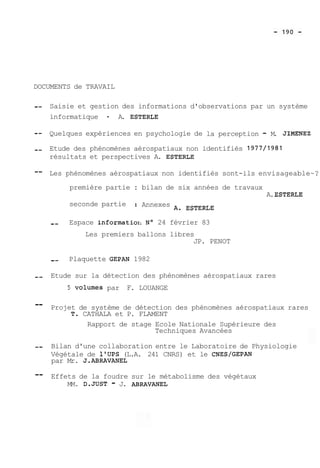 DOCUMENTS de TRAVAIL 
-- Saisie et gestion des informations d'observations par un système 
informatique - A. ESTERLE 
-- Quelques expériences en psychologie de la perception - M. JIMENEZ 
-- Etude des phénomènes aérospatiaux non identifiés 1977/1981 
résultats et perspectives A. ESTERLE 
-- Les phénomènes aérospatiaux non identifiés sont-ils envisageable~? 
première partie : bilan de six années de travaux 
A. ESTERLE 
seconde partie Annexes A. ESTERLE 
-- Espace informatior~ No 24 février 83 
Les premiers ballons libres 
JP. PENOT 
-- Plaquette GEPAN 1982 
-- Etude sur la détection des phénomènes aérospatiaux rares 
5 volumes par F. LOUANGE 
-- Projet de système de détection des phénomènes aérospatiaux rares 
T. CATHALA et P. FLAMENT 
Rapport de stage Ecole Nationale Supérieure des 
Techniques Avancées 
-- Bilan d'une collaboration entre le Laboratoire de Physiologie 
Végétale de 1'UPS (L.A. 241 CNRS) et le CNES/GEPAN 
par Mr. J.ABRAVANEL 
-- Effets de la foudre sur le métabolisme des végétaux 
MM. D.JUST - J. ABRAVANEL 
