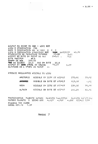 AZIPUT PU POINT DE VUE + VERS EST 
LIEU D 09SERvATION P9S 
DATE 9 OOSEFVbTION 23 4 1982 5 C C 
LIFU D OSSERVATICF LCINGITVOE EST 3.14 L&T:T!:PF 45e7F 
FOUFCHETTE DE MAGNITUCE ?ET EMGE -1 r 00 
AZIMUT ET S I T E DU POZNT 3E I?t 24C.C . 
S I T E VAYIWUM 90.0 
CHAFP DE V'JE 180~00 
PAS EN AZIMUT 10r0 P A S E'J S I T E 1C.Q 
AZIPUT ET SITE LnCAL DU SOLEIL 73r19 
ALTITUDE DE L IlpBOf AU N61?1P O r 
ANTASES V I S I B L E EN S I T E ET LZIMLT 
ALTAIP VISIBLE EN S I T E ET AIIVUT 
 