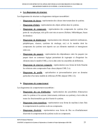 ETUDE ETCONCEPTION D’UNEAPPLICATION POUR LESUIVI DES PROJETS ETCHANTIERS DU
DEPARTEMENTDEPOTS ETSYSTÈMES : CAS DECOCITAM S.A
KONAN Kouassi Montrésor
MASTER 2 en Ingénierie des Systèmes d’Information et Conduite de Projets Informatiques (ISI-CPI) 25
a- Les diagrammes de structure
Les diagrammes de structure ou diagrammes statiques rassemblent :
- Diagramme de classes : représentation des classes intervenant dans le système.
- Diagramme d'objets : représentation des objets utilisés dans le système.
- Diagramme de composants : représentation des composants du système d'un
point de vue physique, tels qu'ils sont mis en œuvre (fichiers, bibliothèques, bases
de données)
- Diagramme de déploiement : représentation des éléments matériels (ordinateurs,
périphériques, réseaux, systèmes de stockage, etc.) et la manière dont les
composants du système sont répartis sur ces éléments matériels et interagissent
entre eux.
- Diagramme des paquets : représentation des dépendances entre les paquets (un
paquet étant un conteneur logique permettant de regrouper et d'organiser les
éléments dans le modèle UML), c'est-à-dire entre les ensembles de définitions.
- Diagramme de structure composite : représentation sous forme de boîte blanche
les relations entre composants d'une classe (depuis UML 2.x).
- Diagramme de profils : spécialisation et personnalisation pour un domaine
particulier d'un meta-modèle de référence d'UML (depuis UML 2.2).
b- Diagrammes de comportement
Les diagrammes de comportement rassemblent :
- Diagramme des cas d'utilisation : représentation des possibilités d'interaction
entre le système et les acteurs (intervenants extérieurs au système), c'est-à-dire de
toutes les fonctionnalités que doit fournir le système.
- Diagramme états-transitions : représentation sous forme de machine à états finis
le comportement du système ou de ses composants.
- Diagramme d'activité : représentation sous forme de flux ou d'enchaînement
d'activités le comportement du système ou de ses composants.
 