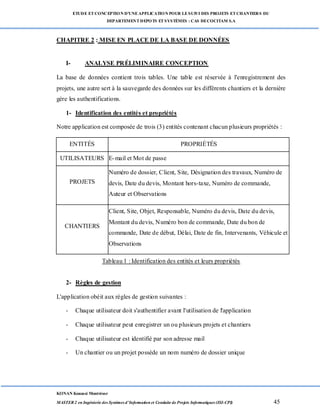 ETUDE ETCONCEPTION D’UNEAPPLICATION POUR LESUIVI DES PROJETS ETCHANTIERS DU
DEPARTEMENTDEPOTS ETSYSTÈMES : CAS DECOCITAM S.A
KONAN Kouassi Montrésor
MASTER 2 en Ingénierie des Systèmes d’Information et Conduite de Projets Informatiques (ISI-CPI) 45
CHAPITRE 2 : MISE EN PLACE DE LA BASE DE DONNÉES
I- ANALYSE PRÉLIMINAIRE CONCEPTION
La base de données contient trois tables. Une table est réservée à l'enregistrement des
projets, une autre sert à la sauvegarde des données sur les différents chantiers et la dernière
gère les authentifications.
1- Identification des entités et propriétés
Notre application est composée de trois (3) entités contenant chacun plusieurs propriétés :
ENTITÉS PROPRIÉTÉS
UTILISATEURS E-mail et Mot de passe
PROJETS
Numéro de dossier, Client, Site, Désignation des travaux, Numéro de
devis, Date du devis, Montant hors-taxe, Numéro de commande,
Auteur et Observations
CHANTIERS
Client, Site, Objet, Responsable, Numéro du devis, Date du devis,
Montant du devis, Numéro bon de commande, Date du bon de
commande, Date de début, Délai, Date de fin, Intervenants, Véhicule et
Observations
Tableau 1 : Identification des entités et leurs propriétés
2- Règles de gestion
L'application obéit aux règles de gestion suivantes :
- Chaque utilisateur doit s'authentifier avant l'utilisation de l'application
- Chaque utilisateur peut enregistrer un ou plusieurs projets et chantiers
- Chaque utilisateur est identifié par son adresse mail
- Un chantier ou un projet possède un nom numéro de dossier unique
 