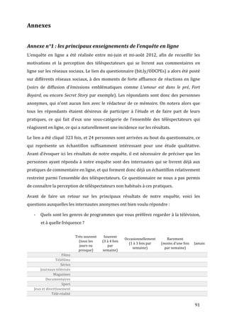 Annexes	
  
	
  

Annexe	
  n°1	
  :	
  les	
  principaux	
  enseignements	
  de	
  l’enquête	
  en	
  ligne	
  
L’enquête	
   en	
   ligne	
   a	
   été	
   réalisée	
   entre	
   mi-­‐juin	
   et	
   mi-­‐août	
   2012,	
   afin	
   de	
   recueillir	
   les	
  
motivations	
   et	
   la	
   perception	
   des	
   téléspectateurs	
   qui	
   se	
   livrent	
   aux	
   commentaires	
   en	
  
ligne	
  sur	
  les	
  réseaux	
  sociaux.	
  Le	
  lien	
  du	
  questionnaire	
  (bit.ly/ODCPEs)	
  a	
  alors	
  été	
  posté	
  
sur	
   différents	
   réseaux	
   sociaux,	
   à	
   des	
   moments	
   de	
   forte	
   affluence	
   de	
   réactions	
   en	
   ligne	
  
(soirs	
   de	
   diffusion	
   d’émissions	
   emblématiques	
   comme	
   L’amour	
   est	
   dans	
   le	
   pré,	
   Fort	
  
Boyard,	
   ou	
   encore	
   Secret	
   Story	
   par	
   exemple).	
   Les	
   répondants	
   sont	
   donc	
   des	
   personnes	
  
anonymes,	
   qui	
   n’ont	
   aucun	
   lien	
   avec	
   le	
   rédacteur	
   de	
   ce	
   mémoire.	
   On	
   notera	
   alors	
   que	
  
tous	
   les	
   répondants	
   étaient	
   désireux	
   de	
   participer	
   à	
   l’étude	
   et	
   de	
   faire	
   part	
   de	
   leurs	
  
pratiques,	
   ce	
   qui	
   fait	
   d’eux	
   une	
   sous-­‐catégorie	
   de	
   l’ensemble	
   des	
   téléspectateurs	
   qui	
  
réagissent	
  en	
  ligne,	
  ce	
  qui	
  a	
  naturellement	
  une	
  incidence	
  sur	
  les	
  résultats.	
  

Le	
  lien	
  a	
  été	
  cliqué	
  323	
  fois,	
  et	
  24	
  personnes	
  sont	
  arrivées	
  au	
  bout	
  du	
  questionnaire,	
  ce	
  
qui	
   représente	
   un	
   échantillon	
   suffisamment	
   intéressant	
   pour	
   une	
   étude	
   qualitative.	
  
Avant	
  d’évoquer	
  ici	
  les	
  résultats	
  de	
  notre	
  enquête,	
  il	
  est	
  nécessaire	
  de	
  préciser	
  que	
  les	
  
personnes	
   ayant	
   répondu	
   à	
   notre	
   enquête	
   sont	
   des	
   internautes	
   qui	
   se	
   livrent	
   déjà	
   aux	
  
pratiques	
  de	
  commentaire	
  en	
  ligne,	
  et	
  qui	
  forment	
  donc	
  déjà	
  un	
  échantillon	
  relativement	
  
restreint	
   parmi	
   l’ensemble	
   des	
   téléspectateurs.	
   Ce	
   questionnaire	
   ne	
   nous	
   a	
   pas	
   permis	
  
de	
  connaître	
  la	
  perception	
  de	
  téléspectateurs	
  non	
  habitués	
  à	
  ces	
  pratiques.	
  

Avant	
   de	
   faire	
   un	
   retour	
   sur	
   les	
   principaux	
   résultats	
   de	
   notre	
   enquête,	
   voici	
   les	
  
questions	
  auxquelles	
  les	
  internautes	
  anonymes	
  ont	
  bien	
  voulu	
  répondre	
  :	
  

       -­‐   Quels	
  sont	
  les	
  genres	
  de	
  programmes	
  que	
  vous	
  préférez	
  regarder	
  à	
  la	
  télévision,	
  
             et	
  à	
  quelle	
  fréquence	
  ?	
  

                                             Très	
  souvent	
      Souvent	
  
                                                                                              Occasionnellement	
                    Rarement	
  
                                               (tous	
  les	
      (3	
  à	
  4	
  fois	
  
                     	
                                                                         (1	
  à	
  3	
  fois	
  par	
     (moins	
  d'une	
  fois	
        Jamais	
  
                                               jours	
  ou	
             par	
  
                                                                                                  semaine)	
                        par	
  semaine)	
  
                                               presque)	
          semaine)	
  
                                Films	
               	
                      	
                              	
                               	
                          	
  
                           Téléfilms	
                	
                      	
                              	
                               	
                          	
  
                               Séries	
               	
                      	
                              	
                               	
                          	
  
           Journaux	
  télévisés	
                    	
                      	
                              	
                               	
                          	
  
                         Magazines	
                  	
                      	
                              	
                               	
                          	
  
                    Documentaires	
                   	
                      	
                              	
                               	
                          	
  
                                Sport	
               	
                      	
                              	
                               	
                          	
  
       Jeux	
  et	
  divertissement	
                 	
                      	
                              	
                               	
                          	
  
                        Télé-­‐réalité	
              	
                      	
                              	
                               	
               	
  


	
                                                                                                                                                                     91	
  
 
