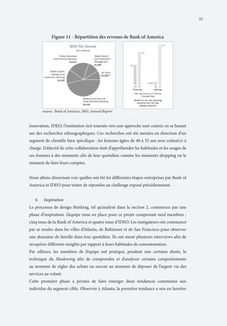 35

Figure 11 - Répartition des revenus de Bank of America

source : Bank of America. 2003, Annual Report

innovation, IDEO, l’institution s’est tournée vers une approche user centric en se basant
sur des recherches ethnographiques. Ces recherches ont été menées en direction d’un
segment de clientèle bien spécifique : les femmes âgées de 40 à 55 ans avec enfant(s) à
charge. L’objectif de cette collaboration était d’appréhender les habitudes et les usages de
ces femmes à des moments clés de leur quotidien comme les moments shopping ou le
moment de faire leurs comptes.
Nous allons désormais voir quelles ont été les différentes étapes entreprises par Bank of
America et IDEO pour tenter de répondre au challenge exposé précédemment.
4.	

Inspiration

Le processus de design thinking, tel qu’analysé dans la section 2, commence par une
phase d’inspiration. L’équipe mise en place pour ce projet comprenait neuf membres :
cinq issus de la Bank of America et quatre issus d’IDEO. Les instigateurs ont commencé
par se rendre dans les villes d’Atlanta, de Baltimore et de San Francisco pour observer
une douzaine de famille dans leur quotidien. Ils ont mené plusieurs interviews afin de
récupérer différents insights par rapport à leurs habitudes de consommation.
Par ailleurs, les membres de l’équipe ont pratiqué, pendant une certaine durée, la
technique du Shadowing afin de comprendre et d’analyser certains comportements
au moment de régler des achats ou encore au moment de déposer de l’argent via des
services au volant.
Cette première phase a permis de faire émerger deux tendances communes aux
individus du segment cible. Observée à Atlanta, la première tendance a mis en lumière

 