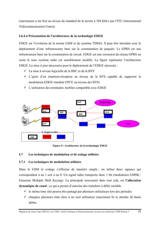 Migration du réseau Tigo GSM 2G vers l’IMS : Etude Technique et Dimensionnement suivant une architecture 3GPP Release 5 28
(maximum) a été fixé au niveau du standard de la norme à 384 kbit/s par l’ITU (International
Télécommunication Union).
I.6.4.4 Présentation de l’architecture de la technologie EDGE
EDGE est l’évolution de la norme GSM et du système TDMA. Il peut être introduit avec le
déploiement d’une infrastructure basé sur la commutation de paquets: Le GPRS est une
infrastructure basé sur la commutation de circuit. EDGE est une extension du réseau GPRS ou
seule le sous système radio est sensiblement modifié. La figure représente l’architecture
EDGE .La mise à jour nécessaire pour le déploiement de l’EDGE nécessite :
 La mise à niveau logicielle de la BSC et de la BTS
 L’ajout d’un émetteur-récepteur au niveau de la BTS capable de supporter la
modulation EDGE (module EPCU au niveau des BTS)
 L’utilisation des terminales mobiles compatible avec EDGE
Figure 9 : Architecture de la technologie EDGE
I.7 Les techniques de modulation et de codage utilisées
I.7.1 Les techniques de modulation utilisées
Dans le GSM le codage s’effectue de manière simple : on utilise deux signaux qui
correspondent à un 1 soit à un 0. Un signal radio transporte donc 1 bit (modulation GMSK :
Gaussian Multiple Shift Keying). La principale nouveauté dans tout cela, est l’allocation
dynamique de canal ; ce qui a permis d’autorise des transferts à débit variable.
 le même time slot pourra être partagé par plusieurs utilisateurs lors des périodes
 chargées plusieurs time slots à un seul utilisateur (maximum 8) et atteinte de hauts
débits.
 