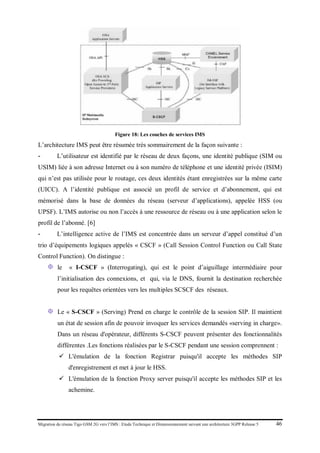 Migration du réseau Tigo GSM 2G vers l’IMS : Etude Technique et Dimensionnement suivant une architecture 3GPP Release 5 46
Figure 18: Les couches de services IMS
L’architecture IMS peut être résumée très sommairement de la façon suivante :
- L’utilisateur est identifié par le réseau de deux façons, une identité publique (SIM ou
USIM) liée à son adresse Internet ou à son numéro de téléphone et une identité privée (ISIM)
qui n’est pas utilisée pour le routage, ces deux identités étant enregistrées sur la même carte
(UICC). A l’identité publique est associé un profil de service et d’abonnement, qui est
mémorisé dans la base de données du réseau (serveur d’applications), appelée HSS (ou
UPSF). L’IMS autorise ou non l’accès à une ressource de réseau ou à une application selon le
profil de l’abonné. [6]
- L’intelligence active de l’IMS est concentrée dans un serveur d’appel constitué d’un
trio d’équipements logiques appelés « CSCF » (Call Session Control Function ou Call State
Control Function). On distingue :
le « I-CSCF » (Interrogating), qui est le point d’aiguillage intermédiaire pour
l’initialisation des connexions, et qui, via le DNS, fournit la destination recherchée
pour les requêtes orientées vers les multiples SCSCF des réseaux.
Le « S-CSCF » (Serving) Prend en charge le contrôle de la session SIP. Il maintient
un état de session afin de pouvoir invoquer les services demandés «serving in charge».
Dans un réseau d'opérateur, différents S-CSCF peuvent présenter des fonctionnalités
différentes .Les fonctions réalisées par le S-CSCF pendant une session comprennent :
 L'émulation de la fonction Registrar puisqu'il accepte les méthodes SIP
d'enregistrement et met à jour le HSS.
 L'émulation de la fonction Proxy server puisqu'il accepte les méthodes SIP et les
achemine.
 