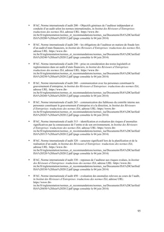 95 
• IFAC, Norme internationale d’audit 200 – Objectifs généraux de l’auditeur indépendant et 
conduite d’un audit selon les normes internationales, in Institut des Réviseurs d’Entreprises: 
traductions des normes ISA, adresse URL: https://www.ibr-ire. 
be/fr/reglementation/normes_et_recommandations/normes_isa/Documents/ISA%20Clarified/ 
ISA%20200-%20Juin%202012.pdf (page consultée le 04 juin 2014) 
• IFAC, Norme internationale d’audit 240 – les obligations de l’auditeur en matiere de fraude lors 
d’un audit d’etats financiers, in Institut des Réviseurs d’Entreprises: traductions des normes ISA, 
adresse URL: https://www.ibr-ire. 
be/fr/reglementation/normes_et_recommandations/normes_isa/Documents/ISA%20Clarified/ 
ISA%20240-%20Juin%202012.pdf (page consultée le 04 juin 2014) 
• IFAC, Norme internationale d’audit 250 – prise en consideration des textes legislatifs et 
reglementaires dans un audit d’etats financiers, in Institut des Réviseurs d’Entreprises: 
traductions des normes ISA, adresse URL: https://www.ibr-ire. 
be/fr/reglementation/normes_et_recommandations/normes_isa/Documents/ISA%20Clarified/ 
ISA%20250-%20Juin%202012.pdf (page consultée le 04 juin 2014) 
• IFAC, Norme internationale d’audit 260 – communication avec les personnes constituant le 
gouvernement d’entreprise, in Institut des Réviseurs d’Entreprises: traductions des normes ISA, 
adresse URL: https://www.ibr-ire. 
be/fr/reglementation/normes_et_recommandations/normes_isa/Documents/ISA%20Clarified/ 
ISA%20260-%20Juin%202012.pdf (page consultée le 04 juin 2014) 
• IFAC, Norme internationale d’audit 265 – communication des faiblesses du contrôle interne aux 
personnes constituant le gouvernement d’entreprise et a la direction, in Institut des Réviseurs 
d’Entreprises: traductions des normes ISA, adresse URL: https://www.ibr-ire. 
be/fr/reglementation/normes_et_recommandations/normes_isa/Documents/ISA%20Clarified/ 
ISA%20265-%20Juin%202012.pdf (page consultée le 04 juin 2014) 
• IFAC, Norme internationale d’audit 315 – identification et evaluation des risques d’anomalies 
significatives par la connaissance de l’entite et de son environnement, in Institut des Réviseurs 
d’Entreprises: traductions des normes ISA, adresse URL: https://www.ibr-ire. 
be/fr/reglementation/normes_et_recommandations/normes_isa/Documents/ISA%20Clarified/ 
ISA%20315-%20Juin%202012.pdf (page consultée le 04 juin 2014) 
• IFAC, Norme internationale d’audit 320 – caractere significatif lors de la planification et de la 
realisation d’un audit, in Institut des Réviseurs d’Entreprises: traductions des normes ISA, 
adresse URL: https://www.ibr-ire. 
be/fr/reglementation/normes_et_recommandations/normes_isa/Documents/ISA%20Clarified/ 
ISA%20320-%20Juin%202012.pdf (page consultée le 04 juin 2014) 
• IFAC, Norme internationale d’audit 330 – reponses de l’auditeur aux risques evalues, in Institut 
des Réviseurs d’Entreprises: traductions des normes ISA, adresse URL: https://www.ibr-ire. 
be/fr/reglementation/normes_et_recommandations/normes_isa/Documents/ISA%20Clarified/ 
ISA%20330-%20Juin%202012.pdf (page consultée le 04 juin 2014) 
• IFAC, Norme internationale d’audit 450 – evaluation des anomalies relevees au cours de l’audit, 
in Institut des Réviseurs d’Entreprises: traductions des normes ISA, adresse URL: 
https://www.ibr-ire. 
be/fr/reglementation/normes_et_recommandations/normes_isa/Documents/ISA%20Clarified/ 
ISA%20450-%20Juin%202012.pdf (page consultée le 04 juin 2014) 
 