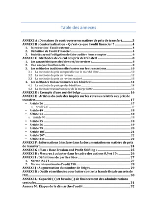 Table 
des 
annexes 
ANNEXE 
A 
: 
Domaines 
de 
controverse 
en 
matière 
de 
prix 
de 
transfert 
.............. 
3 
ANNEXE 
B 
: 
Contextualisation 
– 
Qu’est-­‐ce-­‐que 
l’audit 
financier 
? 
........................ 
4 
1. 
Introduction 
: 
l’audit 
externe 
............................................................................................. 
4 
2. 
Définition 
de 
l’audit 
Financier 
........................................................................................... 
4 
3. 
Sociétés 
ayant 
l’obligation 
de 
faire 
auditer 
leurs 
comptes 
...................................... 
6 
ANNEXE 
C 
: 
Méthodes 
de 
calcul 
des 
prix 
de 
transfert 
............................................... 
8 
1. 
Les 
caractéristiques 
des 
biens 
et/ou 
services 
: 
............................................................ 
8 
2. 
Une 
analyse 
fonctionnelle 
: 
................................................................................................. 
8 
3. 
Les 
méthodes 
traditionnelles 
basées 
sur 
les 
transactions 
.................................... 
10 
3.1 
La 
méthode 
du 
prix 
comparable 
sur 
le 
marché 
libre 
...................................................... 
10 
3.2 
La 
méthode 
du 
prix 
de 
revente 
................................................................................................. 
12 
3.3 
La 
méthode 
du 
prix 
de 
revient 
majoré 
.................................................................................. 
13 
4. 
Les 
méthodes 
transactionnelles 
des 
bénéfices 
......................................................... 
14 
4.1 
La 
méthode 
de 
partage 
des 
bénéfices 
.................................................................................... 
14 
4.2 
La 
méthode 
transactionnelle 
de 
la 
marge 
nette 
................................................................ 
15 
ANNEXE 
D 
: 
Exemple 
d’une 
société 
belge 
................................................................... 
16 
ANNEXE 
E 
: 
Articles 
du 
code 
des 
impôts 
sur 
les 
revenus 
relatifs 
aux 
prix 
de 
transfert 
................................................................................................................................. 
17 
• 
Article 
26 
................................................................................................................................. 
17 
o 
Article 
227 
......................................................................................................................................................... 
17 
• 
Article 
49 
................................................................................................................................. 
18 
• 
Article 
54 
................................................................................................................................. 
18 
o 
Article 
90 
................................................................................................................................................ 
18 
• 
Article 
55 
................................................................................................................................. 
18 
• 
Article 
56 
................................................................................................................................. 
19 
• 
Article 
79 
................................................................................................................................. 
20 
• 
Article 
185 
............................................................................................................................... 
21 
• 
Article 
207 
............................................................................................................................... 
22 
• 
Article 
344 
............................................................................................................................... 
22 
ANNEXE 
F 
: 
Informations 
à 
inclure 
dans 
la 
documentation 
en 
matière 
de 
prix 
de 
transfert 
........................................................................................................................... 
24 
ANNEXE 
G 
: 
Plan 
« 
Base 
Erosion 
and 
Profit 
Shifting 
» 
............................................ 
25 
ANNEXE 
H 
: 
Mesures 
à 
adopter 
dans 
le 
cadre 
des 
actions 
8,9 
et 
10 
: 
................ 
26 
ANNEXE 
I 
: 
Définitions 
de 
parties 
liées 
....................................................................... 
27 
1. 
Norme 
IAS 
24 
........................................................................................................................ 
27 
2. 
Norme 
internationale 
d’audit 
550 
................................................................................. 
28 
ANNEXE 
J 
: 
Augmentation 
du 
nombre 
de 
litiges 
....................................................... 
29 
ANNEXE 
K 
: 
Outils 
et 
méthodes 
pour 
lutter 
contre 
la 
fraude 
fiscale 
au 
sein 
de 
l’UE 
........................................................................................................................................... 
30 
ANNEXE 
L 
: 
Capacité 
(+) 
et 
besoin 
(-­‐) 
de 
financement 
des 
administrations 
centrales 
................................................................................................................................ 
31 
Annexe 
M 
: 
Étapes 
de 
la 
démarche 
d’audit 
................................................................ 
32 
 