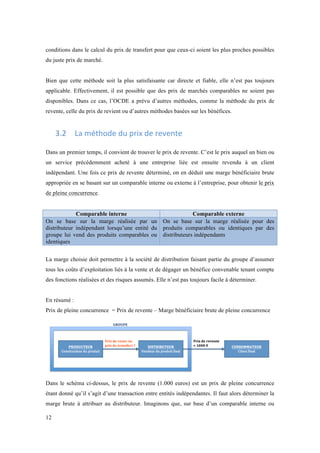 conditions dans le calcul du prix de transfert pour que ceux-ci soient les plus proches possibles 
du juste prix de marché. 
Bien que cette méthode soit la plus satisfaisante car directe et fiable, elle n’est pas toujours 
applicable. Effectivement, il est possible que des prix de marchés comparables ne soient pas 
disponibles. Dans ce cas, l’OCDE a prévu d’autres méthodes, comme la méthode du prix de 
revente, celle du prix de revient ou d’autres méthodes basées sur les bénéfices. 
12 
3.2 La 
méthode 
du 
prix 
de 
revente 
Dans un premier temps, il convient de trouver le prix de revente. C’est le prix auquel un bien ou 
un service précédemment acheté à une entreprise liée est ensuite revendu à un client 
indépendant. Une fois ce prix de revente déterminé, on en déduit une marge bénéficiaire brute 
appropriée en se basant sur un comparable interne ou externe à l’entreprise, pour obtenir le prix 
de pleine concurrence. 
Comparable interne Comparable externe 
On se base sur la marge réalisée par un 
distributeur indépendant lorsqu’une entité du 
groupe lui vend des produits comparables ou 
identiques 
On se base sur la marge réalisée pour des 
produits comparables ou identiques par des 
distributeurs indépendants 
La marge choisie doit permettre à la société de distribution faisant partie du groupe d’assumer 
tous les coûts d’exploitation liés à la vente et de dégager un bénéfice convenable tenant compte 
des fonctions réalisées et des risques assumés. Elle n’est pas toujours facile à déterminer. 
En résumé : 
Prix de pleine concurrence = Prix de revente – Marge bénéficiaire brute de pleine concurrence 
Dans le schéma ci-dessus, le prix de revente (1.000 euros) est un prix de pleine concurrence 
étant donné qu’il s’agit d’une transaction entre entités indépendantes. Il faut alors déterminer la 
marge brute à attribuer au distributeur. Imaginons que, sur base d’un comparable interne ou 
 