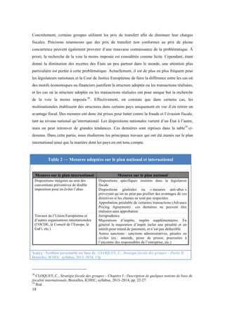 Concrètement, certains groupes utilisent les prix de transfert afin de diminuer leur charges 
fiscales. Précisons néanmoins que des prix de transfert non conformes au prix de pleine 
concurrence peuvent également provenir d’une mauvaise connaissance de la problématique. À 
priori, la recherche de la voie la moins imposée est considérée comme licite. Cependant, étant 
donné la diminution des recettes des États un peu partout dans le monde, une attention plus 
particulière est portée à cette problématique. Actuellement, il est de plus en plus fréquent pour 
les législateurs nationaux et la Cour de Justice Européenne de faire la différence entre les cas où 
des motifs économiques ou financiers justifient la structure adoptée ou les transactions réalisées, 
et les cas où la structure adoptée ou les transactions réalisées ont pour unique but la recherche 
de la voie la moins imposée 28 . Effectivement, on constate que dans certains cas, les 
multinationales établissent des structures dans certains pays uniquement en vue d’en retirer un 
avantage fiscal. Des mesures ont donc été prises pour lutter contre la fraude et l’évasion fiscale, 
tant au niveau national qu’international. Les dispositions nationales varient d’un État à l’autre, 
mais on peut retrouver de grandes tendances. Ces dernières sont reprises dans la table29 ci-dessous. 
18 
Dans cette partie, nous étudierons les principaux travaux qui ont été menés sur le plan 
international ainsi que la manière dont les pays en ont tenu compte. 
Table 2 — Mesures adoptées sur le plan national et international 
Mesures sur le plan international Mesures sur le plan national 
Dispositions intégrées au sein des 
conventions préventives de double 
imposition pour en éviter l’abus 
Dispositions spécifiques insérées dans la législation 
fiscale 
Dispositions générales ou « mesures anti-abus » 
prévoyant qu’on ne peut pas profiter des avantages de ces 
directives si les clauses ne sont pas respectées 
Approbation préalable de certaines transactions (Advance 
Pricing Agreement) : ces dernières ne peuvent être 
réalisées sans approbation 
Travaux de l’Union Européenne et 
d’autres organisations internationales 
(l’OCDE, le Conseil de l’Europe, le 
GaFi, etc.) 
Jurisprudence 
Majorations d’impôts, impôts supplémentaires. En 
général la majoration d’impôt inclut une pénalité et un 
intérêt pour retard de paiement, et n’est pas déductible 
Autres sanctions : sanctions administratives, pénales ou 
civiles (ex : amende, peine de prison, poursuites à 
l’encontre des responsables de l’entreprise, etc.) 
Source : Synthèse personnelle sur base de : CLOQUET, C., Stratégie fiscale des groupes – Partie II, 
Bruxelles, ICHEC, syllabus, 2013–2014, 17p. 
28 CLOQUET, C., Stratégie fiscale des groupes – Chapitre I : Description de quelques notions de base de 
fiscalité internationale, Bruxelles, ICHEC, syllabus, 2013–2014, pp. 22-27. 
29 Ibid. 
 