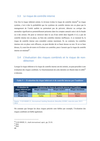 40 
3.3 Le 
risque 
de 
contrôle 
interne 
Une fois le risque inhérent estimé, le réviseur évalue le risque de contrôle interne90 ou risque 
système, c’est à dire la probabilité que les systèmes de contrôle interne mis en place par le 
management de l’entité auditée ne permettent pas de prévenir, détecter ou corriger des 
anomalies significatives potentiellement présentes dans les comptes annuels suite à de la fraude 
ou à des erreurs. On peut se retrouver dans le cas d’une entité dans laquelle il n’y a pas de 
contrôle interne mis en place, ou bien des contrôles internes inefficaces. A ce moment là, le 
risque de contrôle interne sera considéré comme maximum. Si, au contraire, les contrôles 
internes mis en place sont efficaces, on peut décider de se baser dessus ou non. Si on se base 
dessus, il y aura lieu de tester et d’évaluer ces contrôles, pour s’assurer que le risque de contrôle 
interne est minimal91. 
3.4 L’évaluation 
des 
risques 
combinés 
et 
le 
risque 
de 
non-­‐ 
détection 
Lorsque le risque inhérent et le risque de contrôle interne ont été estimés, on peut procéder à une 
évaluation des risques combinés. Le fonctionnement de cette dernière est illustré dans la table92 
ci-dessous. 
Table 5 — Evaluation du risque inhérent et de contrôle interne par l'auditeur 
Evaluation du 
risque inhérent par 
l’auditeur 
Evaluation du risque de contrôle interne par l’auditeur 
Risque minimum Risque modéré Risque maximum 
Risque faible Minimum Faible Modéré 
Risque élevé Faible Modéré Elevé 
Source : VAN HOOF, E., International Auditing Standards, Bruxelles, ICHEC, notes de cours, 2013- 
2014. 
On constate que lorsque les deux risques précités sont faibles par exemple, l’évaluation des 
risques combinés est faible également. 
90 VAN HOOF, E., Audit international, opcit., pp. 23-24. 
91 Ibid. 
92 Ibid. 
 
