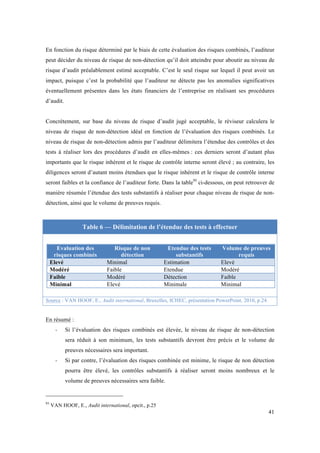 En fonction du risque déterminé par le biais de cette évaluation des risques combinés, l’auditeur 
peut décider du niveau de risque de non-détection qu’il doit atteindre pour aboutir au niveau de 
risque d’audit préalablement estimé acceptable. C’est le seul risque sur lequel il peut avoir un 
impact, puisque c’est la probabilité que l’auditeur ne détecte pas les anomalies significatives 
éventuellement présentes dans les états financiers de l’entreprise en réalisant ses procédures 
d’audit. 
Concrètement, sur base du niveau de risque d’audit jugé acceptable, le réviseur calculera le 
niveau de risque de non-détection idéal en fonction de l’évaluation des risques combinés. Le 
niveau de risque de non-détection admis par l’auditeur délimitera l’étendue des contrôles et des 
tests à réaliser lors des procédures d’audit en elles-mêmes : ces derniers seront d’autant plus 
importants que le risque inhérent et le risque de contrôle interne seront élevé ; au contraire, les 
diligences seront d’autant moins étendues que le risque inhérent et le risque de contrôle interne 
seront faibles et la confiance de l’auditeur forte. Dans la table93 ci-dessous, on peut retrouver de 
manière résumée l’étendue des tests substantifs à réaliser pour chaque niveau de risque de non-détection, 
41 
ainsi que le volume de preuves requis. 
Table 6 — Délimitation de l’étendue des tests à effectuer 
Evaluation des 
risques combinés 
Risque de non 
détection 
Etendue des tests 
substantifs 
Volume de preuves 
requis 
Elevé Minimal Estimation Elevé 
Modéré Faible Etendue Modéré 
Faible Modéré Détection Faible 
Minimal Elevé Minimale Minimal 
Source : VAN HOOF, E., Audit international, Bruxelles, ICHEC, présentation PowerPoint, 2010, p.24. 
En résumé : 
- Si l’évaluation des risques combinés est élevée, le niveau de risque de non-détection 
sera réduit à son minimum, les tests substantifs devront être précis et le volume de 
preuves nécessaires sera important. 
- Si par contre, l’évaluation des risques combinée est minime, le risque de non détection 
pourra être élevé, les contrôles substantifs à réaliser seront moins nombreux et le 
volume de preuves nécessaires sera faible. 
93 VAN HOOF, E., Audit international, opcit., p.25 
 