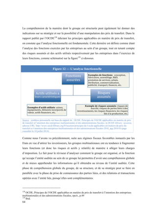 La compréhension de la manière dont le groupe est structurée peut également lui donner des 
indications sur sa stratégie et sur la possibilité d’une manipulation des prix de transfert. Dans le 
rapport publié par l’OCDE128 édictant les principes applicables en matière de prix de transfert, 
on constate que l’analyse fonctionnelle est fondamentale. Cette dernière est définie comme étant 
l’analyse des fonctions exercées par les entreprises au sein d’un groupe, tout en tenant compte 
des risques assumés et des actifs utilisés respectivement par les entreprises dans l’exercice de 
leurs fonctions, comme schématisé sur la figure129 ci-dessous. 
64 
Figure 12 — L'analyse fonctionnelle 
Fonctions 
assurées 
Exemples 
de 
fonctions: 
conception, 
fabrication, 
assemblage, 
R&D, 
prestation 
de 
services, 
achats, 
ditribution, 
commercialisation, 
publicité, 
transport, 
rinances, 
etc. 
Actifs 
utilisés 
& 
leurs 
caractéristiques 
Risques 
assumés 
Exemple 
de 
risques 
assumés: 
risques 
de 
marché, 
risques 
de 
pertes 
liées 
à 
des 
investissements, 
les 
risques 
rinanciers, 
les 
risques 
liés 
à 
la 
production, 
etc. 
Exemples 
d'actifs 
utilisés: 
usines, 
équipements, 
éléments 
incorporels 
de 
valeur, 
actifs 
rinanciers, 
etc. 
Source : synthèse personnelle sur base du rapport de : OCDE, Principes de l’OCDE applicables en matière de prix 
de transfert à l’intention des entreprises multinationales et des administrations fiscales, in OCDE ilibrary: taxation, 
adresse URL: http://www.oecd-ilibrary.org/fr/taxation/principes-de-l-ocde-applicables-en-matiere-de-prix-de-transfert- 
a-l-intention-des-entreprises-multinationales-et-des-administrations-fiscales-2010_tpg-2010-fr (page 
consultée le 10 juillet 2014) 
Comme nous l’avons vu précédemment, suite aux régimes fiscaux favorables instaurés par les 
Etats en vue d’attirer les investisseurs, les groupes multinationaux ont eu tendance à fragmenter 
leurs fonctions (et donc les risques et actifs y relatifs) de manière à alléger leurs charges 
d’imposition. Le fait pour le réviseur d’analyser comment le groupe est organisé, et la fonction 
qu’occupe l’entité auditée au sein de ce groupe lui permettra d’avoir une compréhension globale 
et de mieux appréhender les informations qu’il obtiendra au niveau de l’entité auditée. Cette 
phase de compréhension globale du groupe, de sa structure, et de sa stratégie peut se faire en 
parallèle avec la phase de prise de connaissance des parties liées, et des relations et transactions 
opérées avec l’entité liée, puisqu’elles sont complémentaires. 
128 OCDE, Principes de l’OCDE applicables en matière de prix de transfert à l’intention des entreprises 
multinationales et des administrations fiscales, opcit., p.49 
129 Ibid. 
 