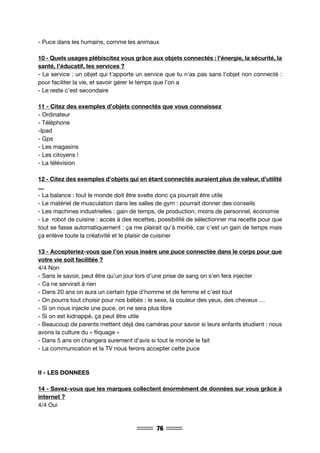 76
- Puce dans les humains, comme les animaux
10 - Quels usages plébiscitez vous grâce aux objets connectés : l’énergie, la sécurité, la
santé, l’éducatif, les services ?
- Le service : un objet qui t’apporte un service que tu n’as pas sans l’objet non connecté :
pour faciliter la vie, et savoir gérer le temps que l’on a
- Le reste c’est secondaire
11 - Citez des exemples d’objets connectés que vous connaissez
- Ordinateur
- Téléphone
-Ipad
- Gps
- Les magasins
- Les citoyens !
- La télévision
12 - Citez des exemples d’objets qui en étant connectés auraient plus de valeur, d’utilité
…
- La balance : tout le monde doit être svelte donc ça pourrait être utile
- Le matériel de musculation dans les salles de gym : pourrait donner des conseils
- Les machines industrielles : gain de temps, de production, moins de personnel, économie
- Le robot de cuisine : accès à des recettes, possibilité de sélectionner ma recette pour que
tout se fasse automatiquement : ça me plairait qu’à moitié, car c’est un gain de temps mais
ça enlève toute la créativité et le plaisir de cuisiner
13 - Accepteriez-vous que l’on vous insère une puce connectée dans le corps pour que
votre vie soit facilitée ?
4/4 Non
- Sans le savoir, peut être qu’un jour lors d’une prise de sang on s’en fera injecter
- Ca ne servirait à rien
- Dans 20 ans on aura un certain type d’homme et de femme et c’est tout
- On pourra tout choisir pour nos bébés : le sexe, la couleur des yeux, des cheveux …
- Si on nous injecte une puce, on ne sera plus libre
- Si on est kidnappé, ça peut être utile
- Beaucoup de parents mettent déjà des caméras pour savoir si leurs enfants étudient : nous
avons la culture du « fliquage »
- Dans 5 ans on changera surement d’avis si tout le monde le fait
- La communication et la TV nous ferons accepter cette puce
II - LES DONNEES
14 - Savez-vous que les marques collectent énormément de données sur vous grâce à
internet ?
4/4 Oui
 