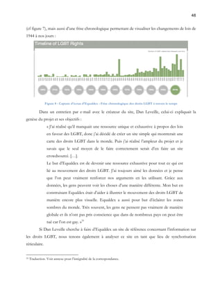 48 
(cf figure 7), mais aussi d’une frise chronologique permettant de visualiser les changements de lois de 
1944 à nos jours : 
Figure 8 - Capture d'écran d'Equaldex - Frise chronologique des droits LGBT à travers le temps 
Dans un entretien par e-mail avec le créateur du site, Dan Leveille, celui-ci expliquait la 
genèse du projet et ses objectifs : 
« J’ai réalisé qu’il manquait une ressource unique et exhaustive à propos des lois 
en faveur des LGBT, donc j’ai décidé de créer un site simple qui montrerait une 
carte des droits LGBT dans le monde. Puis j’ai réalisé l’ampleur du projet et je 
savais que le seul moyen de le faire correctement serait d’en faire un site 
crowdsourcé. […]. 
Le but d’Equaldex est de devenir une ressource exhaustive pour tout ce qui est 
lié au mouvement des droits LGBT. J’ai toujours aimé les données et je pense 
que l’on peut vraiment renforcer nos arguments en les utilisant. Grâce aux 
données, les gens peuvent voir les choses d’une manière différente. Mon but en 
construisant Equaldex était d’aider à illustrer le mouvement des droits LGBT de 
manière encore plus visuelle. Equaldex a aussi pour but d’éclairer les zones 
sombres du monde. Très souvent, les gens ne pensent pas vraiment de manière 
globale et ils n’ont pas pris conscience que dans de nombreux pays on peut être 
tué car l’on est gay. »35 
Si Dan Leveille cherche à faire d’Equaldex un site de référence concernant l’information sur 
les droits LGBT, nous tenons également à analyser ce site en tant que lieu de synchorisation 
réticulaire. 
35 Traduction. Voir annexe pour l’intégralité de la correspondance. 
 