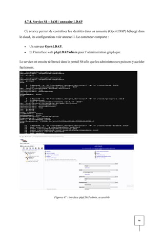 98
4.7.4. Service S1 – IAM / annuaire LDAP
Ce service permet de centraliser les identités dans un annuaire (OpenLDAP) hébergé dans
le cloud, les configurations voir annexe II. Le conteneur comporte :
• Un serveur OpenLDAP,
• Et l’interface web phpLDAPadmin pour l’administration graphique.
Le service est ensuite référencé dans le portail S6 afin que les administrateurs puissent y accéder
facilement.
Figures 47 : interface phpLDAPadmin, accessible
 