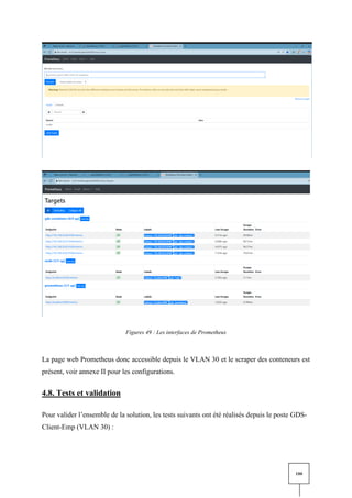 100
Figures 49 : Les interfaces de Prometheus
La page web Prometheus donc accessible depuis le VLAN 30 et le scraper des conteneurs est
présent, voir annexe II pour les configurations.
4.8. Tests et validation
Pour valider l’ensemble de la solution, les tests suivants ont été réalisés depuis le poste GDS-
Client-Emp (VLAN 30) :
 