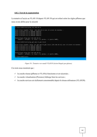 103
4.8.3. Test de la segmentation
La tentative d’accès au VLAN 10 depuis VLAN 30 qui est refusé selon les règles pfSense que
nous avons défini pour la sécurité
Figure 54 : Tentative vers nœud1 VLAN10 (Action bloquée par pfsense)
Ces tests nous montrent que :
✓ la couche réseau (pfSense et VLANs) fonctionne et est sécurisée ;
✓ la couche virtualisation (Proxmox) héberge bien les services ;
✓ la couche services est réellement consommable depuis le réseau utilisateurs (VLAN30).
 