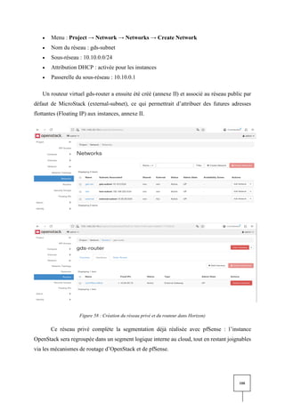108
• Menu : Project → Network → Networks → Create Network
• Nom du réseau : gds-subnet
• Sous-réseau : 10.10.0.0/24
• Attribution DHCP : activée pour les instances
• Passerelle du sous-réseau : 10.10.0.1
Un routeur virtuel gds-router a ensuite été créé (annexe II) et associé au réseau public par
défaut de MicroStack (external-subnet), ce qui permettrait d’attribuer des futures adresses
flottantes (Floating IP) aux instances, annexe II.
Figure 58 : Création du réseau privé et du routeur dans Horizon)
Ce réseau privé complète la segmentation déjà réalisée avec pfSense : l’instance
OpenStack sera regroupée dans un segment logique interne au cloud, tout en restant joignables
via les mécanismes de routage d’OpenStack et de pfSense.
 