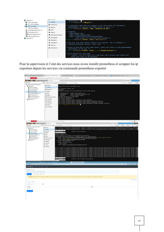xx
Pour la supervision et l’etat des services nous avons installé prometheus et scrapper les ip
exportees depuis les services via commande prometheus-exporter
 