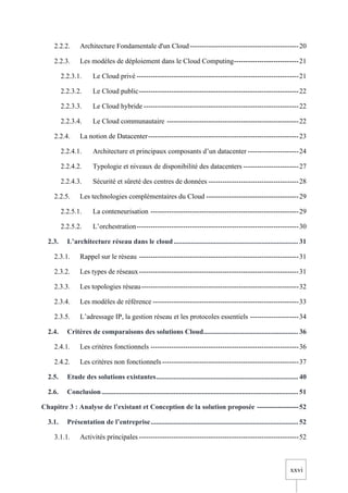 xxvi
2.2.2. Architecture Fondamentale d'un Cloud-----------------------------------------------20
2.2.3. Les modèles de déploiement dans le Cloud Computing----------------------------21
2.2.3.1. Le Cloud privé ----------------------------------------------------------------------21
2.2.3.2. Le Cloud public---------------------------------------------------------------------22
2.2.3.3. Le Cloud hybride -------------------------------------------------------------------22
2.2.3.4. Le Cloud communautaire ---------------------------------------------------------22
2.2.4. La notion de Datacenter-----------------------------------------------------------------23
2.2.4.1. Architecture et principaux composants d’un datacenter ----------------------24
2.2.4.2. Typologie et niveaux de disponibilité des datacenters ------------------------27
2.2.4.3. Sécurité et sûreté des centres de données ---------------------------------------28
2.2.5. Les technologies complémentaires du Cloud ----------------------------------------29
2.2.5.1. La conteneurisation ----------------------------------------------------------------29
2.2.5.2. L’orchestration----------------------------------------------------------------------30
2.3. L’architecture réseau dans le cloud....................................................................... 31
2.3.1. Rappel sur le réseau ---------------------------------------------------------------------31
2.3.2. Les types de réseaux---------------------------------------------------------------------31
2.3.3. Les topologies réseau--------------------------------------------------------------------32
2.3.4. Les modèles de référence ---------------------------------------------------------------33
2.3.5. L’adressage IP, la gestion réseau et les protocoles essentiels ---------------------34
2.4. Critères de comparaisons des solutions Cloud...................................................... 36
2.4.1. Les critères fonctionnels ----------------------------------------------------------------36
2.4.2. Les critères non fonctionnels-----------------------------------------------------------37
2.5. Etude des solutions existantes................................................................................. 40
2.6. Conclusion................................................................................................................ 51
Chapitre 3 : Analyse de l’existant et Conception de la solution proposée ------------------52
3.1. Présentation de l’entreprise.................................................................................... 52
3.1.1. Activités principales ---------------------------------------------------------------------52
 