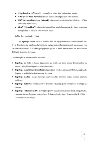 32
● LAN (Local Area Network) : réseau local limité à un bâtiment ou un site ;
● WAN (Wide Area Network) : réseau étendu reliant plusieurs sites distants ;
● MAN (Métropolitain Area Network) : réseau métropolitain reliant plusieurs LAN au
sein d’une même ville ;
● VLAN (Virtual LAN) : réseau logique créé sur une infrastructure physique, permettant
de segmenter le trafic en sous-réseaux isolés.
2.3.3. Les topologies réseau
Une topologie réseau décrit la manière dont les équipements sont connectés entre eux.
Il y a deux types de topologie, la topologie logique qui est la manière dont les données vont
circuler sur le réseau. Et la topologie physique qui est le mode d'interconnexion physique des
différents éléments du réseau.
Les topologies actuelles sont les suivantes :
● Topologie en étoile : chaque équipement est relié à un point central (commutateur ou
routeur), simplifiant la gestion et la maintenance ;
● Topologie hiérarchique (en arbre) : organisée en couches (cœur, distribution, accès), elle
favorise la scalabilité et la séparation des rôles ;
● Topologie maillée : chaque nœud est interconnecté à plusieurs autres, assurant une forte
résilience ;
● Topologie hybride : combinaison de plusieurs structures pour profiter des avantages de
chacune ;
● Topologie virtualisée (VPC, overlays) : propre aux environnements cloud, elle permet de
créer des réseaux logiques indépendants de la couche physique, favorisant la flexibilité et
l’isolation des ressources.
 