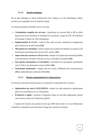 62
3.3.1.2. Besoins techniques
Sur le plan technique, la future infrastructure doit s’appuyer sur des technologies stables,
évolutives et compatibles avec le matériel existant.
Les besoins principaux identifiés sont les suivants :
• Virtualisation complète des serveurs : transformer les serveurs Dell et HP en hôtes
hyperviseurs pour maximiser et mutualiser les ressources, l’usage du CPU, de la RAM et
du stockage et réduire les coûts énergétiques.
• Implémentation de VLANs : isoler les flux entre serveurs, utilisateurs et équipements
pour renforcer la sécurité interne [S2].
• Mécanismes de redondance : mettre en place des systèmes de tolérance aux pannes et de
basculement automatique des services (HA, cluster). [S5].
• Supervision des ressources et des services : intégrer une solution de monitoring (Zabbix
ou Grafana) pour surveiller l’état des services et anticiper les incidents [S3].
• Sauvegardes automatisées et externalisées : automatiser les sauvegardes quotidiennes
vers le NAS et une destination externe chiffrée [S4].
• Sécurisation multicouche : intégrer pare-feu virtuel, chiffrement des communications
[S5] et authentification renforcée (IAM) [S1].
3.3.1.3. Besoins organisationnels et réglementaires
Ces besoins concernent la gouvernance, la conformité et la pérennité de la solution :
• Optimisation des coûts (CAPEX/OPEX) : réduire les coûts matériels et opérationnels
grâce à la consolidation et à la virtualisation.
• Évolutivité et agilité : permettre l’intégration future de nouvelles applications métiers
sans remise en cause de l’architecture globale.
L’analyse des besoins nous permet de dire que GDS doit évoluer vers une infrastructure
virtualisée et mutualisée, pour maximiser l’usage des ressources existantes.
 