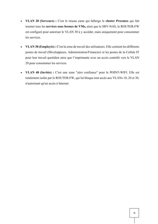 70
• VLAN 20 (Serveurs) : C'est le réseau cœur qui héberge le cluster Proxmox qui fait
tourner tous les services sous formes de VMs, ainsi que le SRV-NAS, le ROUTER-FW
est configuré pour autoriser le VLAN 30 à y accéder, mais uniquement pour consommer
les services.
• VLAN 30 (Employés) : C'est la zone de travail des utilisateurs. Elle contient les différents
postes de travail (Développeurs, Administration/Financier) et les postes de la Cellule IT
pour leur travail quotidien ainsi que l’imprimante avec un accès contrôlé vers le VLAN
20 pour consommer les services.
• VLAN 40 (Invités) : C'est une zone "zéro confiance" pour le POINT-WIFI. Elle est
totalement isolée par le ROUTER-FW, qui lui bloque tout accès aux VLANs 10, 20 et 30,
n'autorisant qu'un accès à Internet.
 