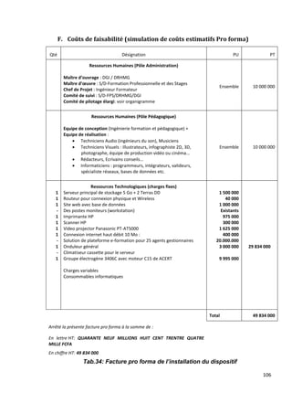 106
F. Coûts de faisabilité (simulation de coûts estimatifs Pro forma)
Tab.34: Facture pro forma de l’installation du dispositif
Qté Désignation PU PT
Ressources Humaines (Pôle Administration)
Maître d’ouvrage : DGI / DRHMG
Maître d’œuvre : S/D-Formation Professionnelle et des Stages
Chef de Projet : Ingénieur Formateur
Comité de suivi : S/D-FPS/DRHMG/DGI
Comité de pilotage élargi: voir organigramme
Ensemble 10 000 000
Ressources Humaines (Pôle Pédagogique)
Equipe de conception (Ingénierie formation et pédagogique) +
Equipe de réalisation :
 Techniciens Audio (ingénieurs du son), Musiciens
 Techniciens Visuels : illustrateurs, infographiste 2D, 3D,
photographe, équipe de production vidéo ou cinéma...
 Rédacteurs, Ecrivains conseils...
 Informaticiens : programmeurs, intégrateurs, valideurs,
spécialiste réseaux, bases de données etc.
Ensemble 10 000 000
1
1
1
-
1
1
1
1
-
1
-
1
Ressources Technologiques (charges fixes)
Serveur principal de stockage 5 Go + 2 Terras DD
Routeur pour connexion physique et Wireless
Site web avec base de données
Des postes moniteurs (workstation)
Imprimante HP
Scanner HP
Video projector Panasonic PT-AT5000
Connexion internet haut débit 10 Mo :
Solution de plateforme e-formation pour 25 agents gestionnaires
Onduleur général
Climatiseur cassette pour le serveur
Groupe électrogène 3406C avec moteur C15 de ACERT
Charges variables
Consommables informatiques
1 500 000
40 000
1 000 000
Existants
975 000
300 000
1 625 000
400 000
20.000.000
3 000 000
9 995 000
29 834 000
Total 49 834 000
Arrêté la présente facture pro forma à la somme de :
En lettre HT: QUARANTE NEUF MILLIONS HUIT CENT TRENTRE QUATRE
MILLE FCFA
En chiffre HT: 49 834 000
 