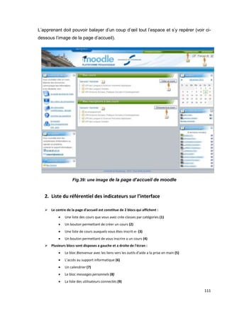 111
L’apprenant doit pouvoir balayer d’un coup d’œil tout l’espace et s’y repérer (voir ci-
dessous l’image de la page d’accueil).
Fig.39: une image de la page d’accueil de moodle
2. Liste du référentiel des indicateurs sur l’interface
 Le centre de la page d'accueil est constitue de 2 blocs qui affichent :
 Une liste des cours que vous avez crée classes par catégories (1)
 Un bouton permettant de créer un cours (2)
 Une liste de cours auxquels vous êtes inscrit-e- (3)
 Un bouton permettant de vous inscrire a un cours (4)
 Plusieurs blocs sont disposes a gauche et a droite de l'écran :
 Le bloc Bienvenue avec les liens vers les outils d'aide a la prise en main (5)
 L’accès au support informatique (6)
 Un calendrier (7)
 Le bloc messages personnels (8)
 La liste des utilisateurs connectés (9)
 