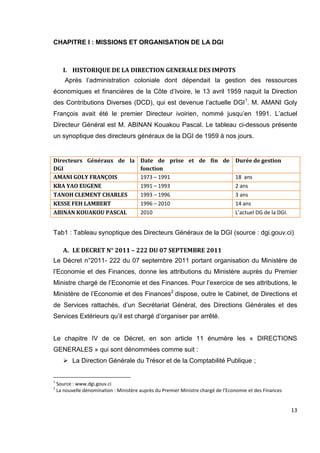 13
CHAPITRE I : MISSIONS ET ORGANISATION DE LA DGI
I. HISTORIQUE DE LA DIRECTION GENERALE DES IMPOTS
Après l’administration coloniale dont dépendait la gestion des ressources
économiques et financières de la Côte d’Ivoire, le 13 avril 1959 naquit la Direction
des Contributions Diverses (DCD), qui est devenue l’actuelle DGI1
. M. AMANI Goly
François avait été le premier Directeur ivoirien, nommé jusqu’en 1991. L’actuel
Directeur Général est M. ABINAN Kouakou Pascal. Le tableau ci-dessous présente
un synoptique des directeurs généraux de la DGI de 1959 à nos jours.
Tab1 : Tableau synoptique des Directeurs Généraux de la DGI (source : dgi.gouv.ci)
A. LE DECRET N° 2011 – 222 DU 07 SEPTEMBRE 2011
Le Décret n°2011- 222 du 07 septembre 2011 portant organisation du Ministère de
l’Economie et des Finances, donne les attributions du Ministère auprès du Premier
Ministre chargé de l’Economie et des Finances. Pour l’exercice de ses attributions, le
Ministère de l’Economie et des Finances2
dispose, outre le Cabinet, de Directions et
de Services rattachés, d’un Secrétariat Général, des Directions Générales et des
Services Extérieurs qu’il est chargé d’organiser par arrêté.
Le chapitre IV de ce Décret, en son article 11 énumère les « DIRECTIONS
GENERALES » qui sont dénommées comme suit :
 La Direction Générale du Trésor et de la Comptabilité Publique ;
1
Source : www.dgi.gouv.ci
2
La nouvelle dénomination : Ministère auprès du Premier Ministre chargé de l’Economie et des Finances
Directeurs Généraux de la
DGI
Date de prise et de fin de
fonction
Durée de gestion
AMANI GOLY FRANÇOIS 1973 – 1991 18 ans
KRA YAO EUGENE 1991 – 1993 2 ans
TANOH CLEMENT CHARLES 1993 – 1996 3 ans
KESSE FEH LAMBERT 1996 – 2010 14 ans
ABINAN KOUAKOU PASCAL 2010 L’actuel DG de la DGI.
 