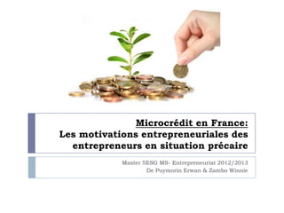 Microcrédit en France:
Les motivations entrepreneuriales des
entrepreneurs en situation précaire
Master 5ESG MS- Entrepreneuriat 2012/2013
De Puymorin Erwan & Zambo Winnie

 
