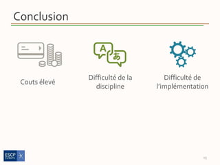 Conclusion
15
Couts élevé
Difficulté de la
discipline
Difficulté de
l’implémentation
 