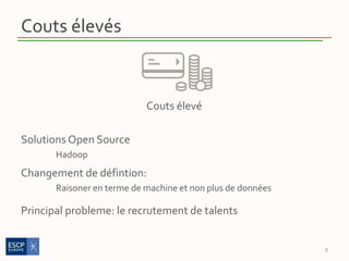 Couts élevés
Solutions Open Source
Hadoop
Changement de défintion:
Raisoner en terme de machine et non plus de données
Principal probleme: le recrutement de talents
9
Couts élevé
 